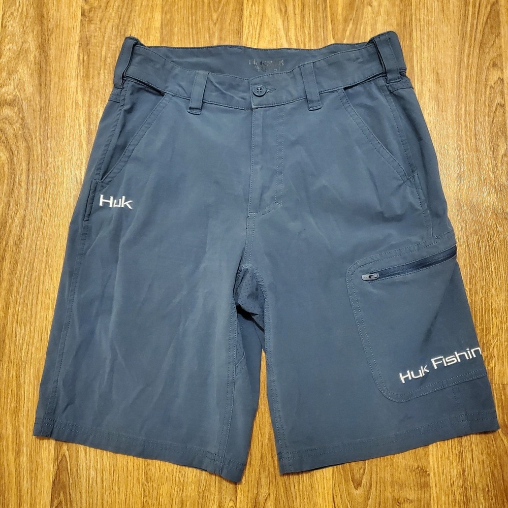 HUK Fishing Shorts Men Small‎ Blue Cargo Zip Pocket Outdoors Performance